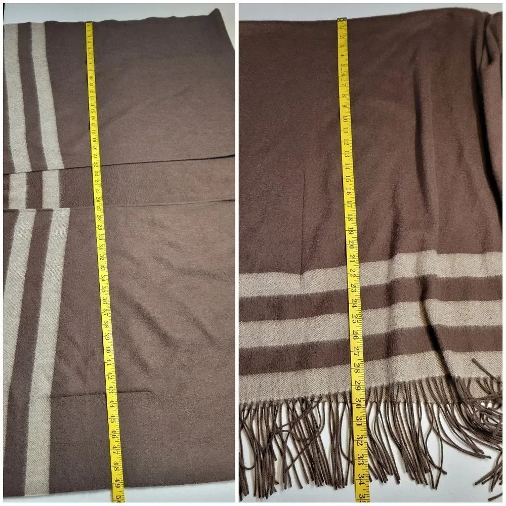 Wool Cashmere Brown Fringe Ruana Poncho with Stripes